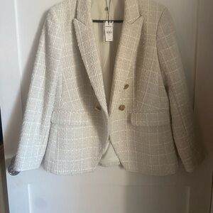 Express tweed cream blazer with gold buttons